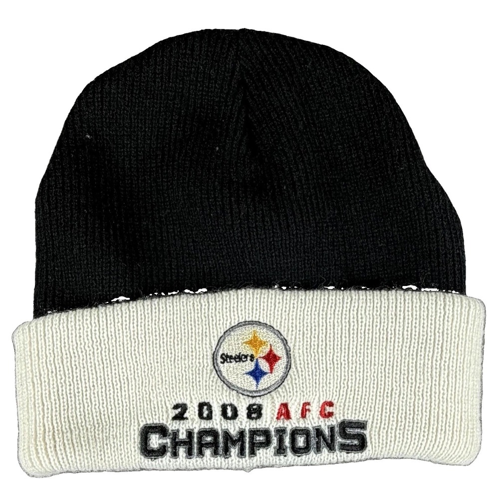 Vintage Pittsburgh Steelers 2008 AFC Champions NFL Knit Beanie Hat Black White